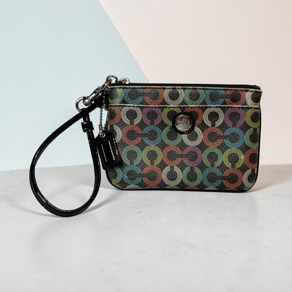 Coach Peyton Dream C Multicolor Signature Wristlet Black Patent Strap Pouch